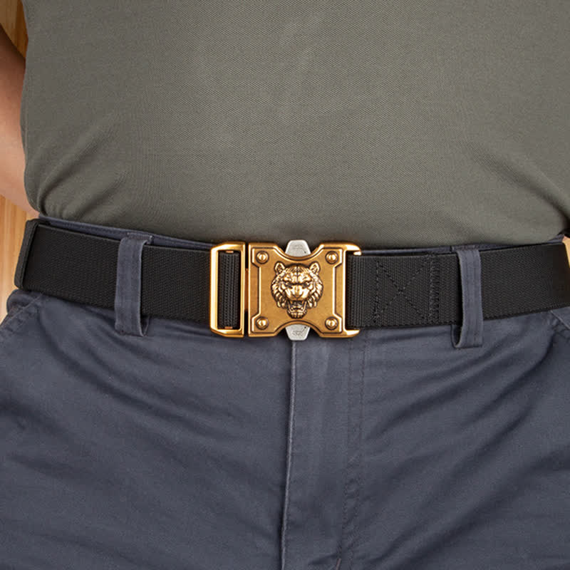 Ceinture en nylon à double fente et boucle à dégagement rapide pour homme avec motif tigre doré