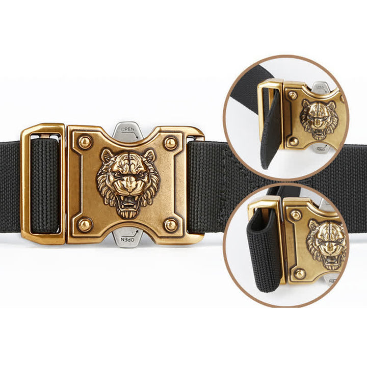 Ceinture en nylon à double fente et boucle à dégagement rapide pour homme avec motif tigre doré