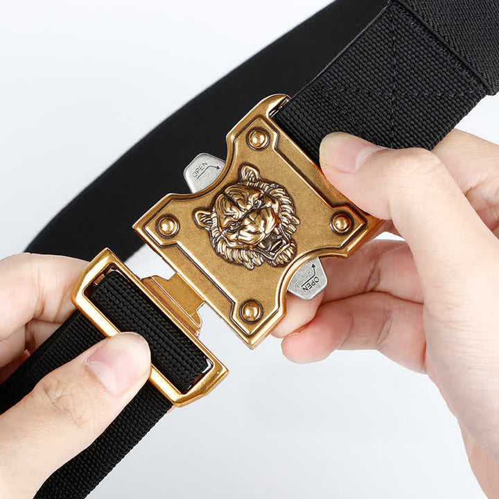 Ceinture en nylon à double fente et boucle à dégagement rapide pour homme avec motif tigre doré