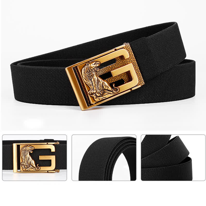 Ceinture en nylon à boucle automatique pour homme avec motif tigre doré et puissant