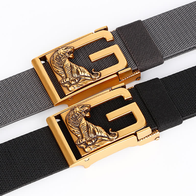 Ceinture en nylon à boucle automatique pour homme avec motif tigre doré et puissant