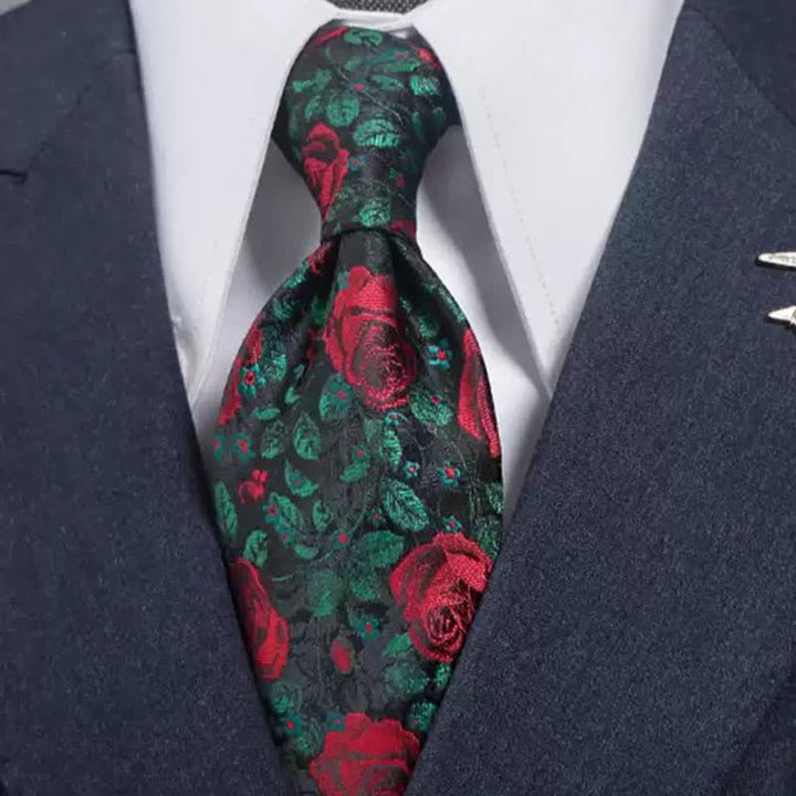 Cravate à imprimé feuilles vertes et roses rouges pour homme