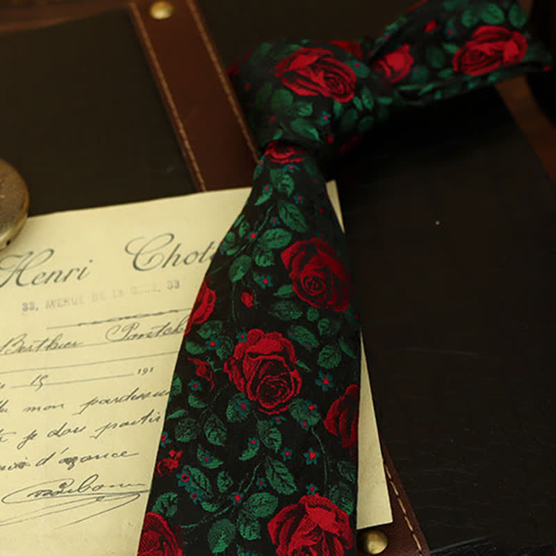 Cravate à imprimé feuilles vertes et roses rouges pour homme