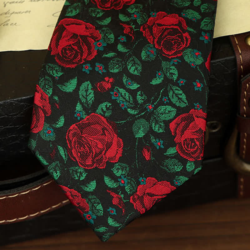 Cravate à imprimé feuilles vertes et roses rouges pour homme