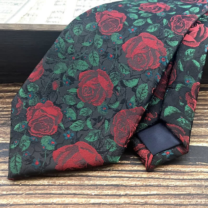 Cravate à imprimé feuilles vertes et roses rouges pour homme