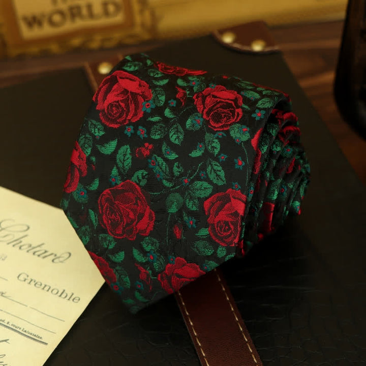 Cravate à imprimé feuilles vertes et roses rouges pour homme