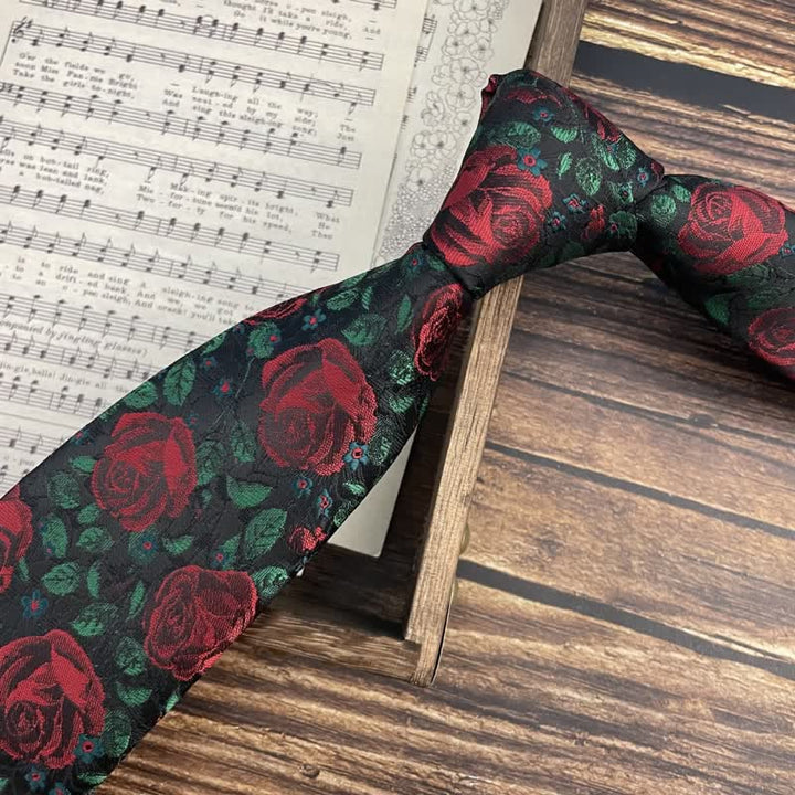 Cravate à imprimé feuilles vertes et roses rouges pour homme