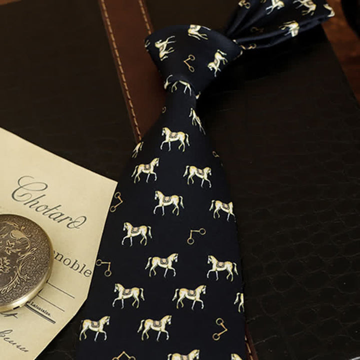 Cravate pour homme à motifs de chevaux sellés bleu nuit et doré