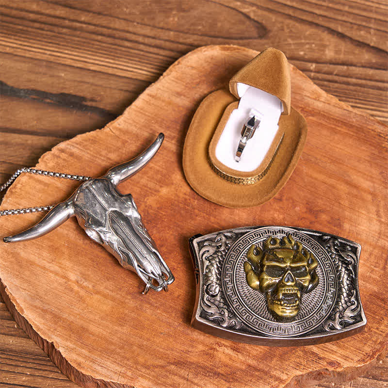 Ensemble de boucles de ceinture, couteau caché, pendentif taureau, anneau tactique, crâne doré