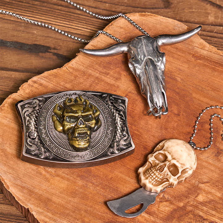 Ensemble de colliers et pendentifs tête de mort en or avec couteau caché et boucle de ceinture