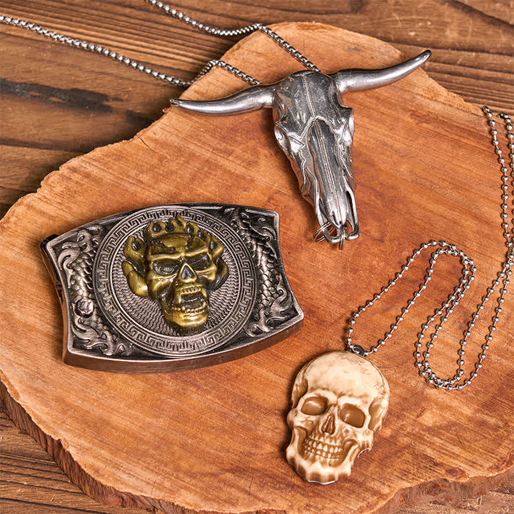 Ensemble de colliers et pendentifs tête de mort en or avec couteau caché et boucle de ceinture