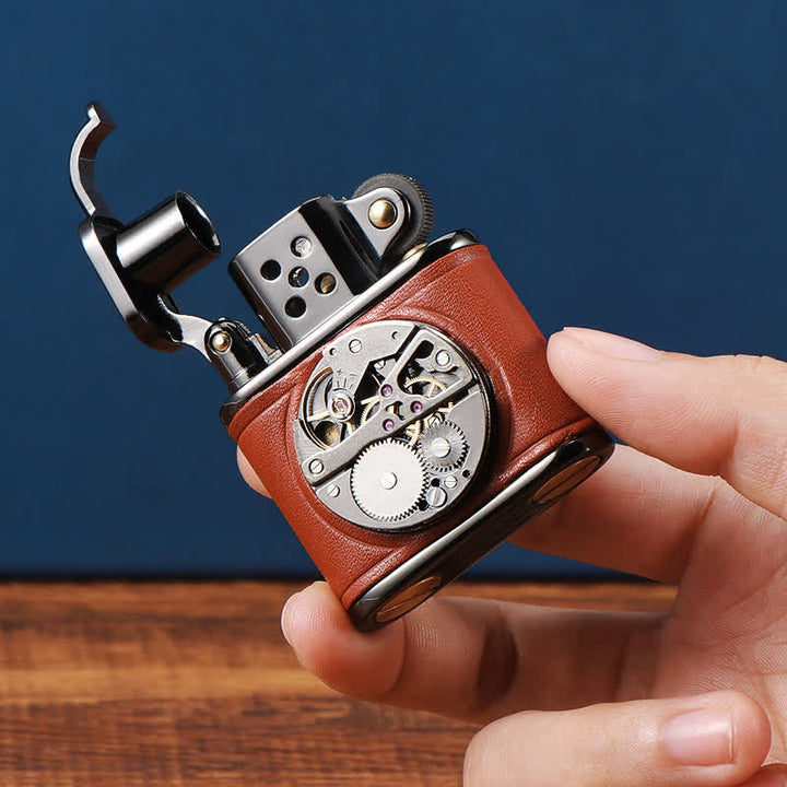 Briquet à huile mécanique Steampunk en cuir antique