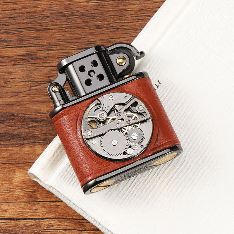Briquet à huile mécanique Steampunk en cuir antique