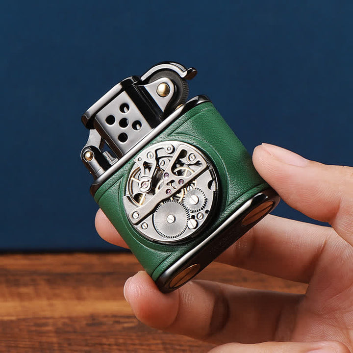 Briquet à huile mécanique Steampunk en cuir antique