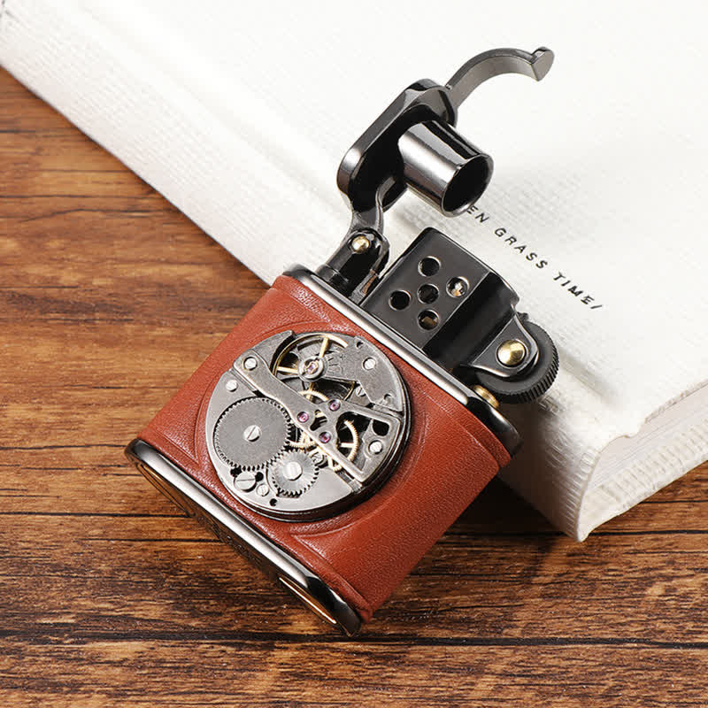 Briquet à huile mécanique Steampunk en cuir antique