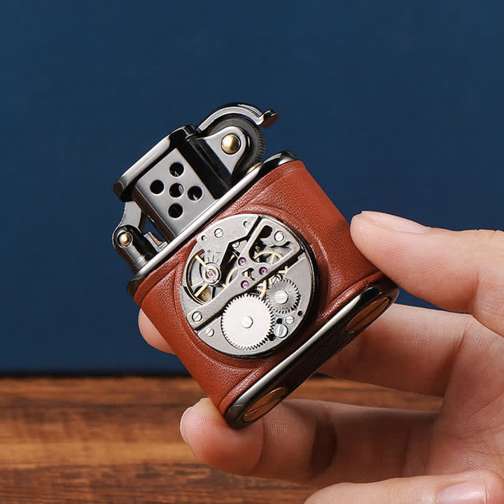 Briquet à huile mécanique Steampunk en cuir antique