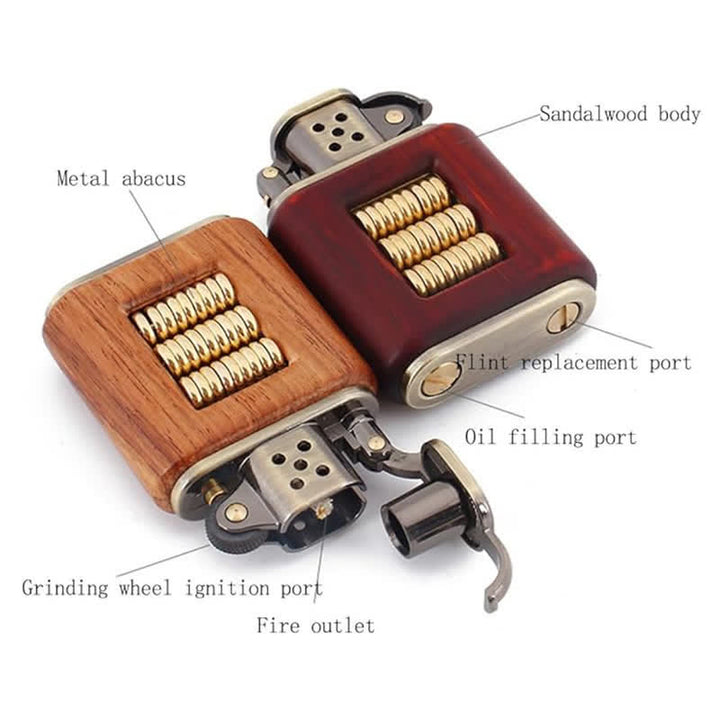Briquet à pétrole avec corps en bois et anneau décoratif en métal