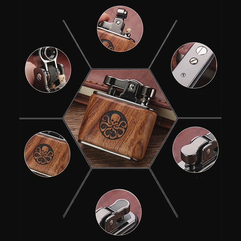 Briquet à pétrole rechargeable en forme de pieuvre sculptée en noyer