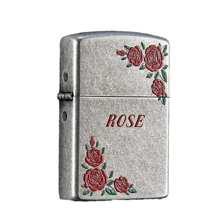 Briquet à pétrole rechargeable avec motif de fleur de rose rouge