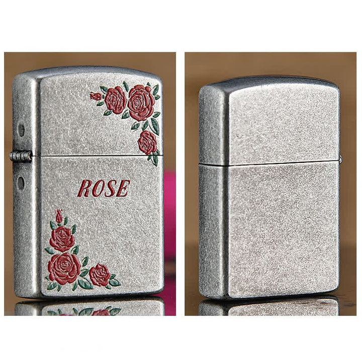 Briquet à pétrole rechargeable avec motif de fleur de rose rouge