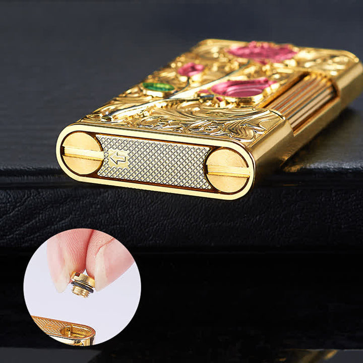 Briquet butane rechargeable à glissière latérale en silex doré et rouge