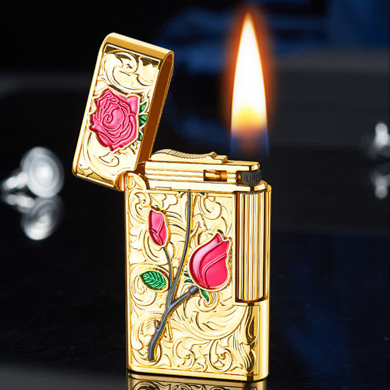 Briquet butane rechargeable à glissière latérale en silex doré et rouge
