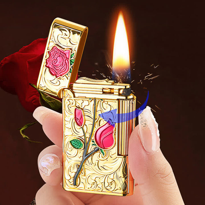Briquet butane rechargeable à glissière latérale en silex doré et rouge