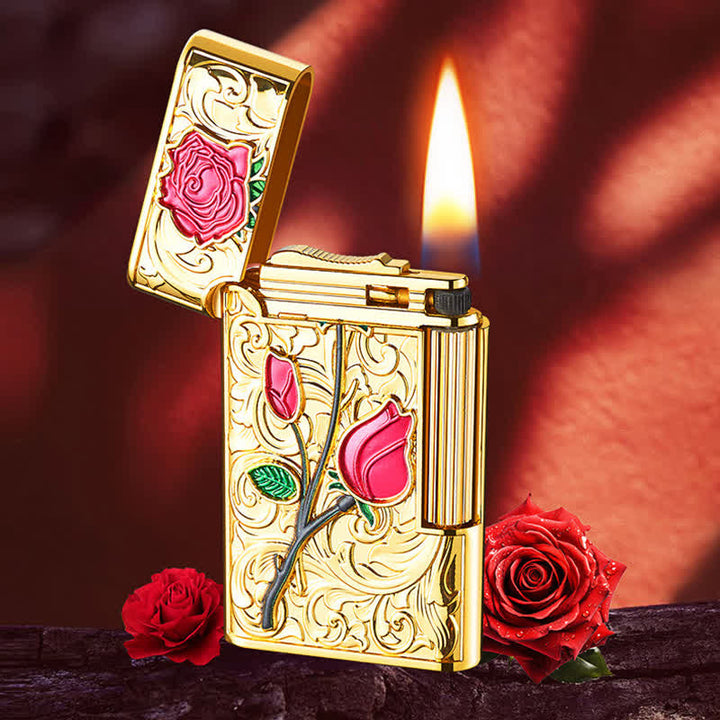 Briquet butane rechargeable à glissière latérale en silex doré et rouge