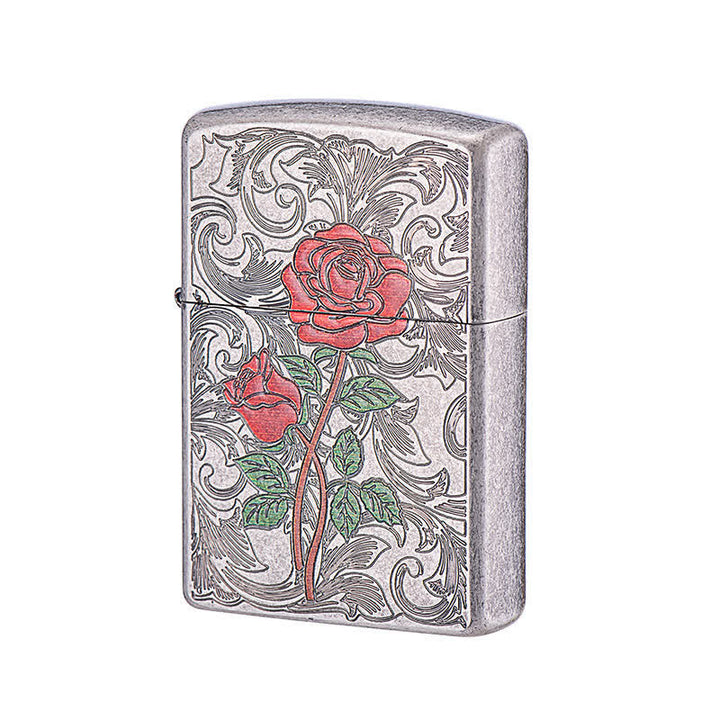 Briquet à pétrole rechargeable à motif de relief rose peint