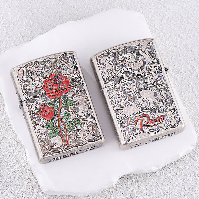 Briquet à pétrole rechargeable à motif de relief rose peint