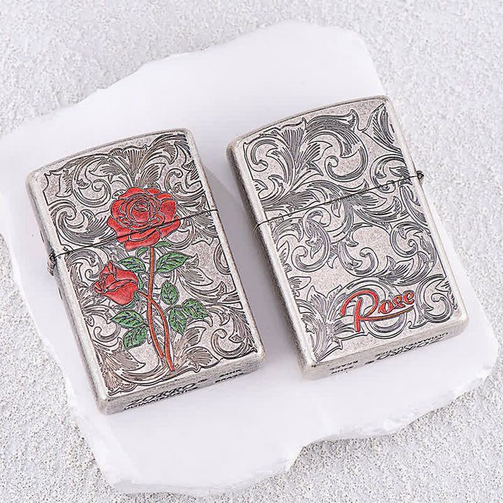 Briquet à pétrole rechargeable à motif de relief rose peint