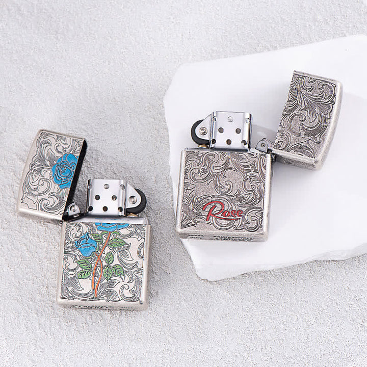 Briquet à pétrole rechargeable à motif de relief rose peint