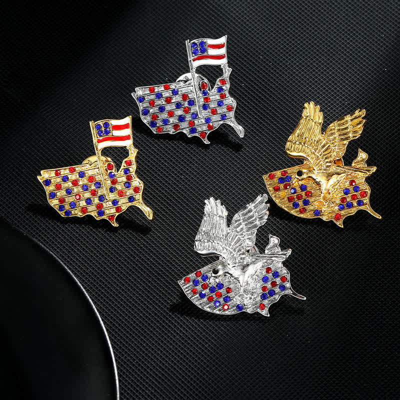 Broche patriotique en strass représentant un aigle et le drapeau américain