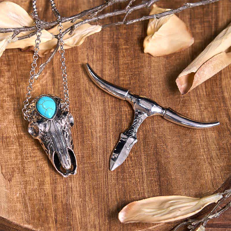 Ensemble de boucles de ceinture, pendentifs et bagues à faire soi-même, style taureau turquoise à longues cornes