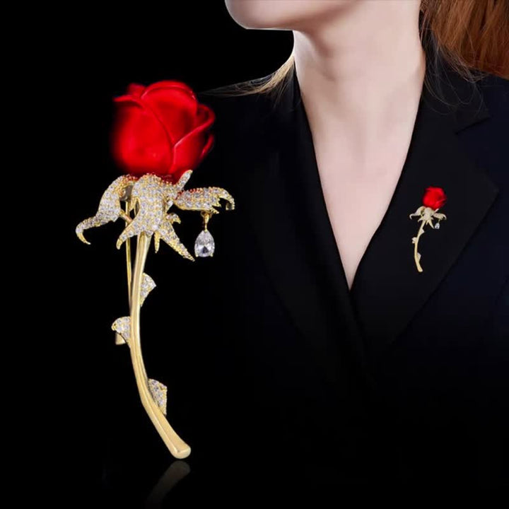 Charmante broche en strass brillant avec rose rouge pour femme