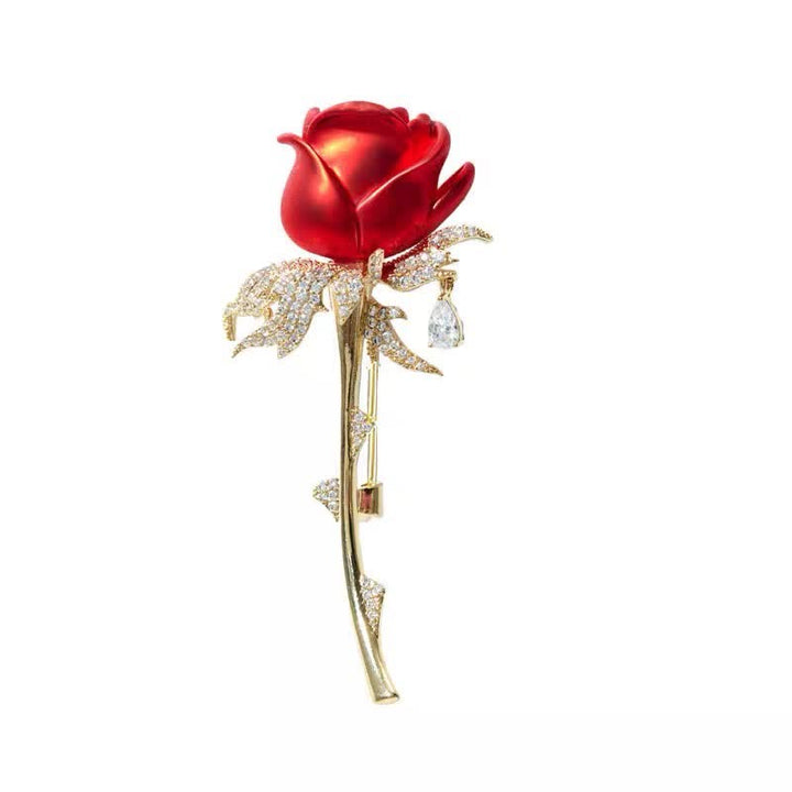 Charmante broche en strass brillant avec rose rouge pour femme