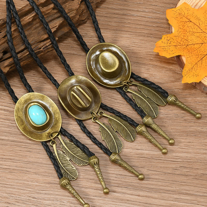 Vintage Bronze Chapeau de Cowboy Forme Pendentif Bolo Cravate - image 0