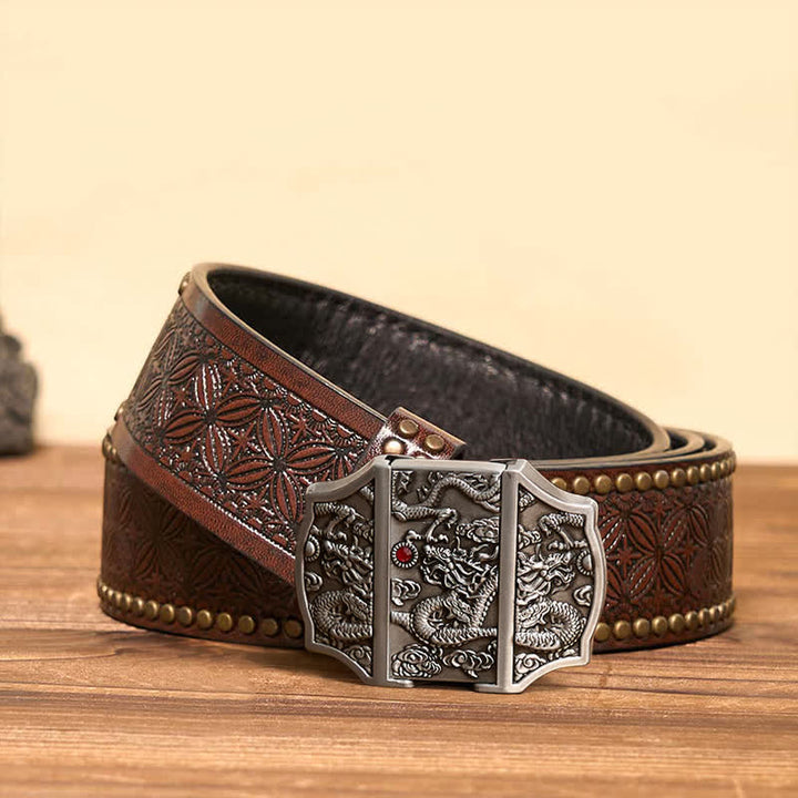 Ceinture en cuir de dragon argenté antique DIY pour homme avec briquet caché - Dragon - Ceinture à rivets marron - 42 - image 7
