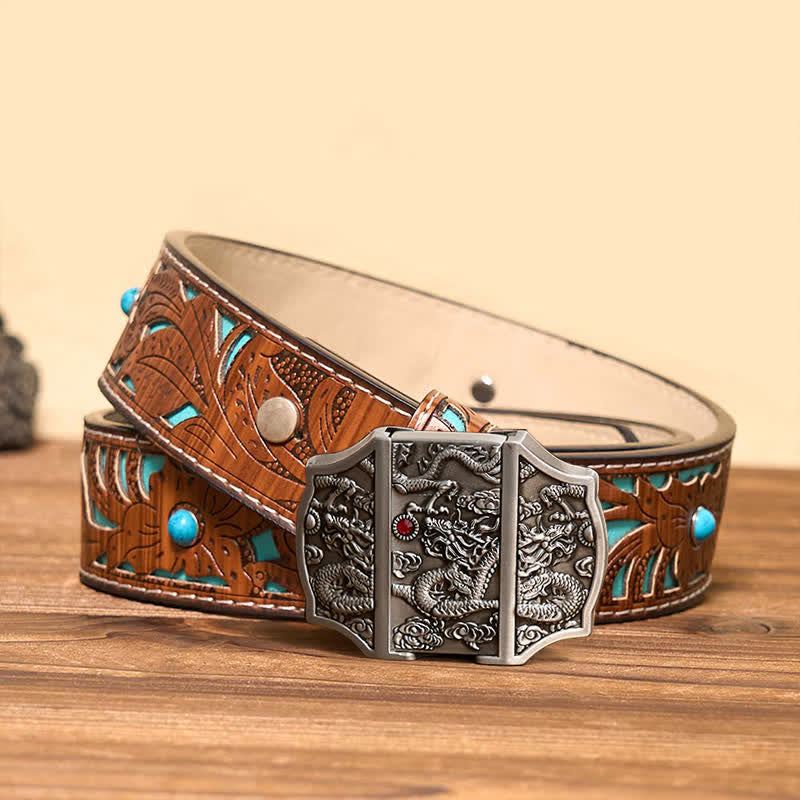 Ceinture en cuir de dragon argenté antique DIY pour homme avec briquet caché - Dragon - Ceinture sculptée en turquoise - 42 - image 6