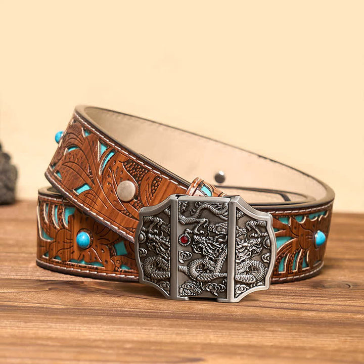 Ceinture en cuir de dragon argenté antique DIY pour homme avec briquet caché - Dragon - Ceinture sculptée en turquoise - 42 - image 6