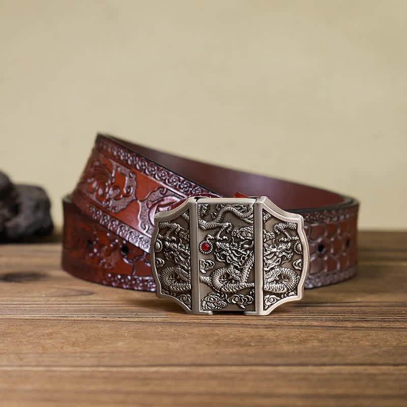 Ceinture en cuir de dragon argenté antique DIY pour homme avec briquet caché - Dragon - Ceinture marron sculptée - 42 - image 9