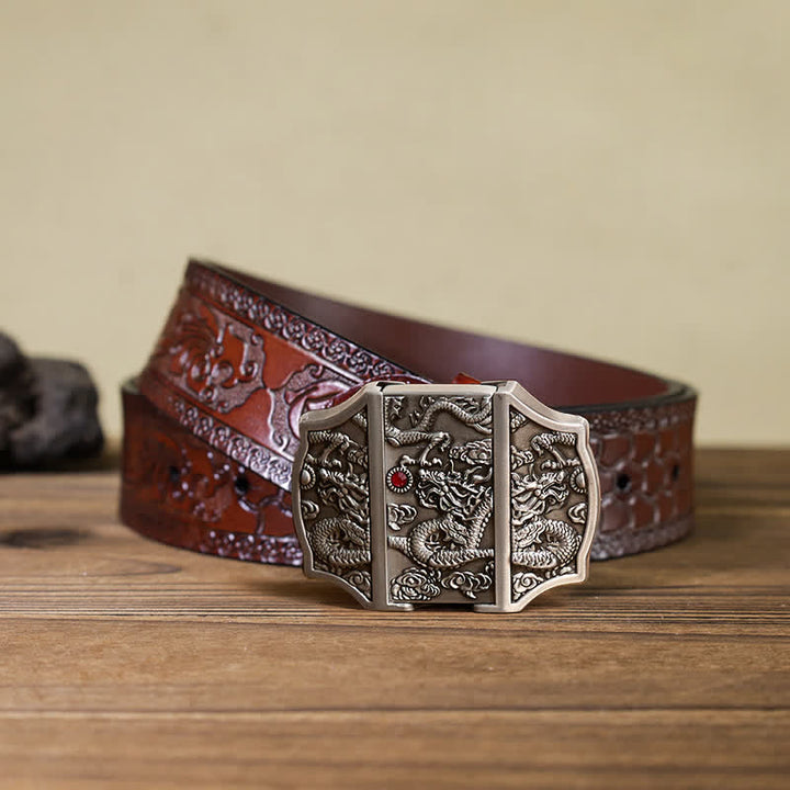 Ceinture en cuir de dragon argenté antique DIY pour homme avec briquet caché - Dragon - Ceinture marron sculptée - 42 - image 9