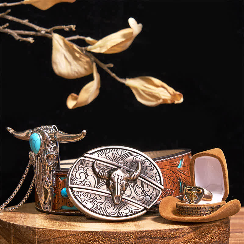 Ensemble de bagues et pendentifs avec boucle de ceinture et couteau caché à motif taureau Longhorn turquoise - Or - Ceinture sculptée en turquoise - 42 - image 10