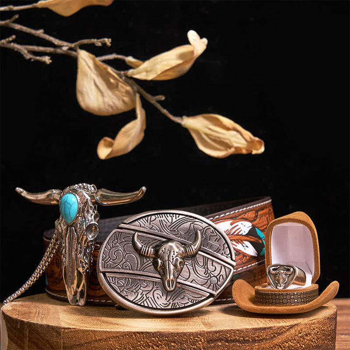 Ensemble de bagues et pendentifs avec boucle de ceinture et couteau caché à motif taureau Longhorn turquoise - Argent - Ceinture à plumes marron - 40 - image 8