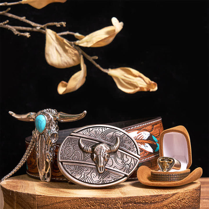 Ensemble de bagues et pendentifs avec boucle de ceinture et couteau caché à motif taureau Longhorn turquoise - Or - Ceinture à plumes marron - 40 - image 13