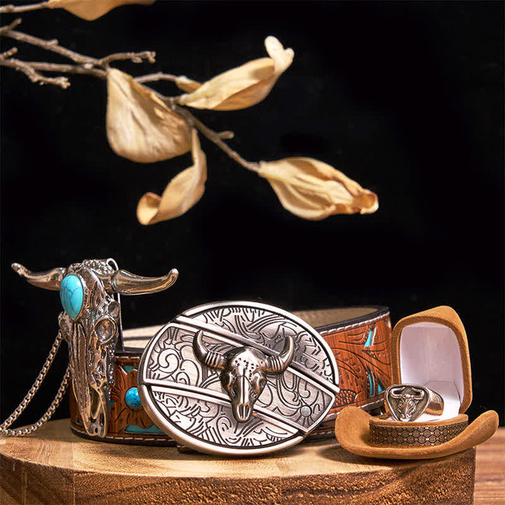 Ensemble de bagues et pendentifs avec boucle de ceinture et couteau caché à motif taureau Longhorn turquoise - Argent - Ceinture sculptée en turquoise - 42 - image 5