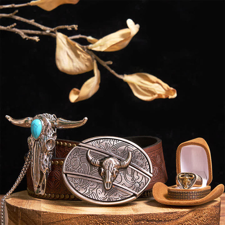 Ensemble de boucles de ceinture, pendentifs et bagues à faire soi-même, style taureau turquoise à longues cornes