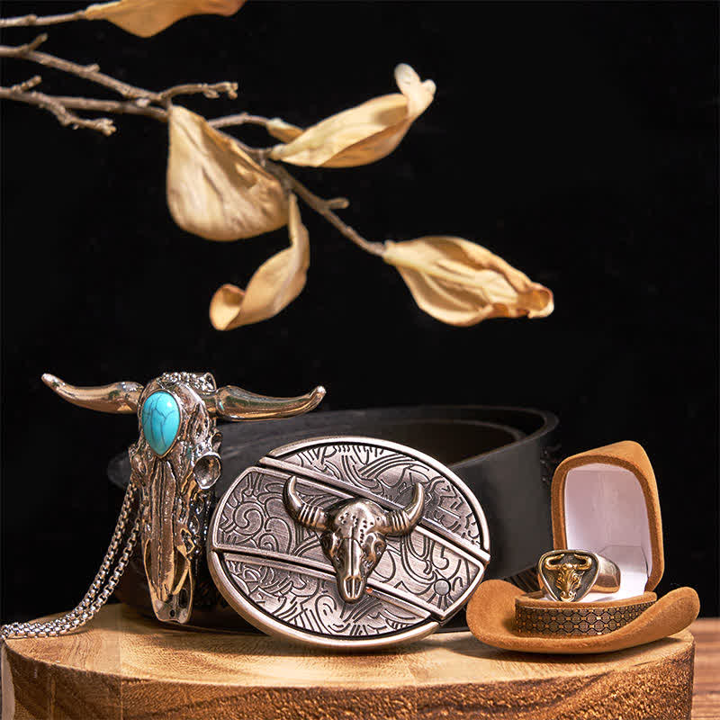 Ensemble de bagues et pendentifs avec boucle de ceinture et couteau caché à motif taureau Longhorn turquoise - Or - Ceinture noire avec aigle en relief - 42 - image 11