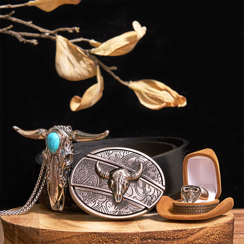 Ensemble de bagues et pendentifs avec boucle de ceinture et couteau caché à motif taureau Longhorn turquoise - Argent - Ceinture noire avec aigle en relief - 42 - image 6