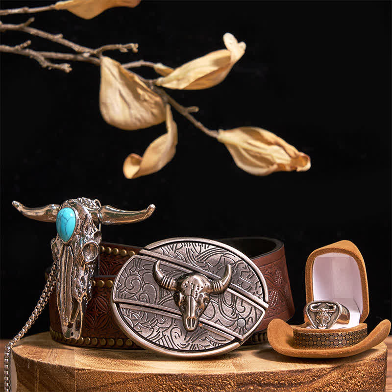 Ensemble de bagues et pendentifs avec boucle de ceinture et couteau caché à motif taureau Longhorn turquoise - Argent - Ceinture à rivets marron - 42 - image 7